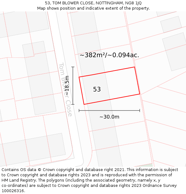 53, TOM BLOWER CLOSE, NOTTINGHAM, NG8 1JQ: Plot and title map