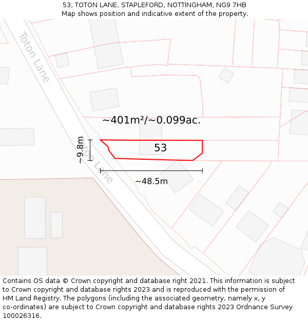 53, TOTON LANE, STAPLEFORD, NOTTINGHAM, NG9 7HB: Plot and title map