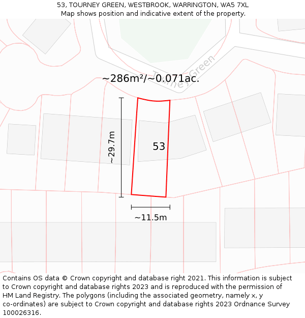 53, TOURNEY GREEN, WESTBROOK, WARRINGTON, WA5 7XL: Plot and title map