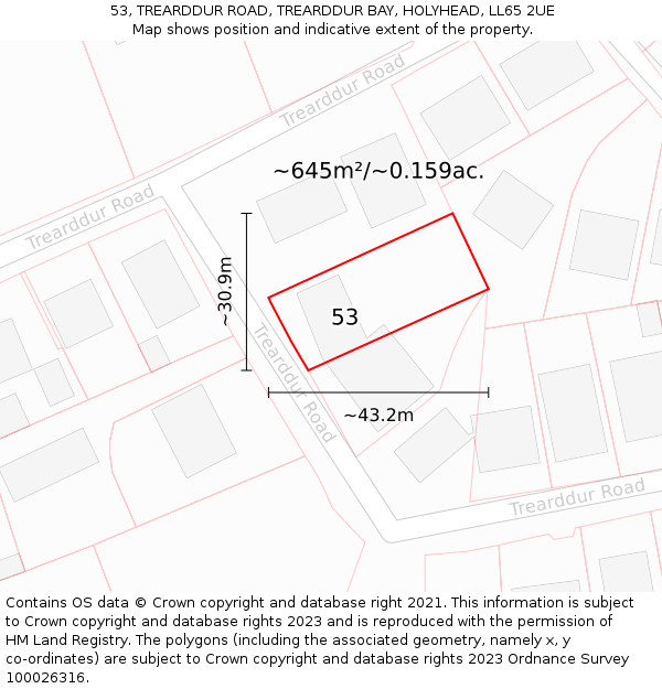 53, TREARDDUR ROAD, TREARDDUR BAY, HOLYHEAD, LL65 2UE: Plot and title map