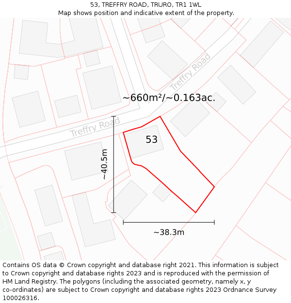 53, TREFFRY ROAD, TRURO, TR1 1WL: Plot and title map