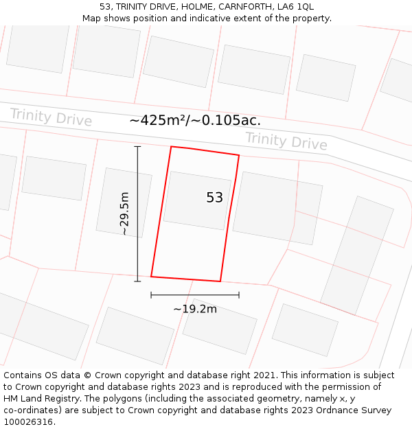 53, TRINITY DRIVE, HOLME, CARNFORTH, LA6 1QL: Plot and title map