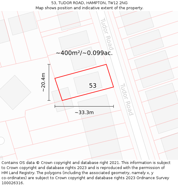 53, TUDOR ROAD, HAMPTON, TW12 2NG: Plot and title map