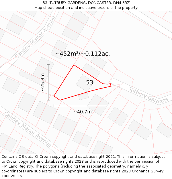 53, TUTBURY GARDENS, DONCASTER, DN4 6RZ: Plot and title map