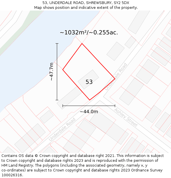 53, UNDERDALE ROAD, SHREWSBURY, SY2 5DX: Plot and title map