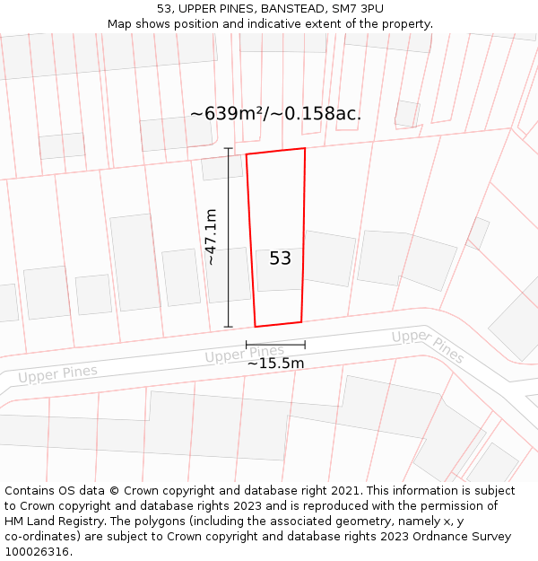 53, UPPER PINES, BANSTEAD, SM7 3PU: Plot and title map