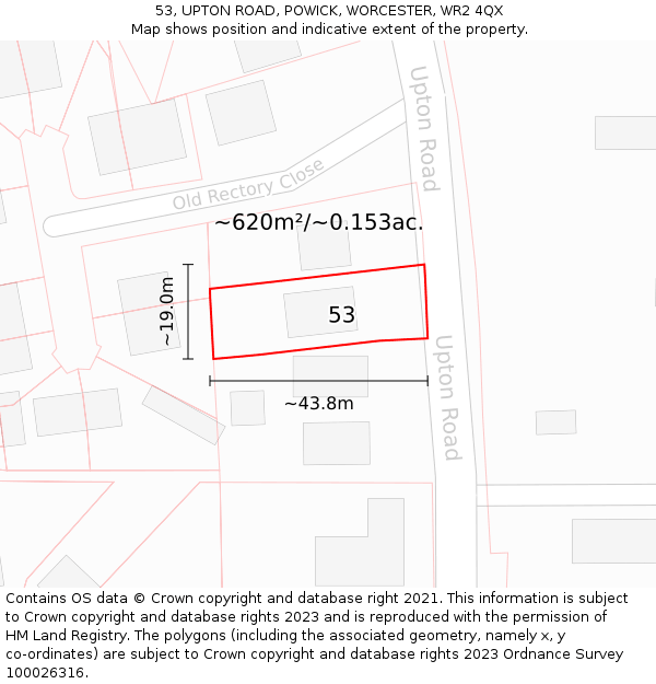 53, UPTON ROAD, POWICK, WORCESTER, WR2 4QX: Plot and title map