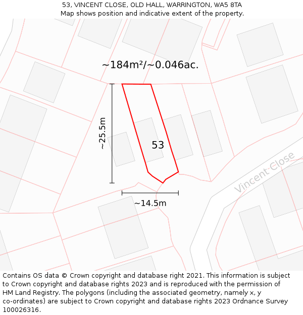 53, VINCENT CLOSE, OLD HALL, WARRINGTON, WA5 8TA: Plot and title map