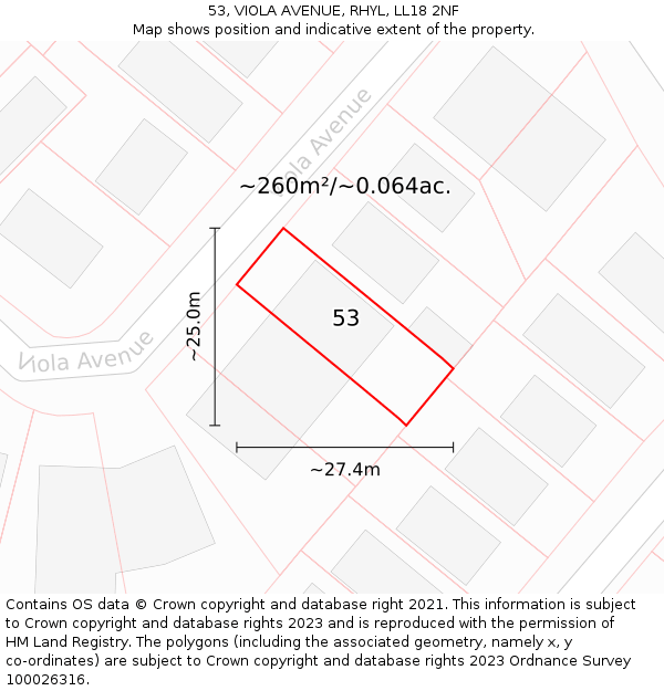 53, VIOLA AVENUE, RHYL, LL18 2NF: Plot and title map