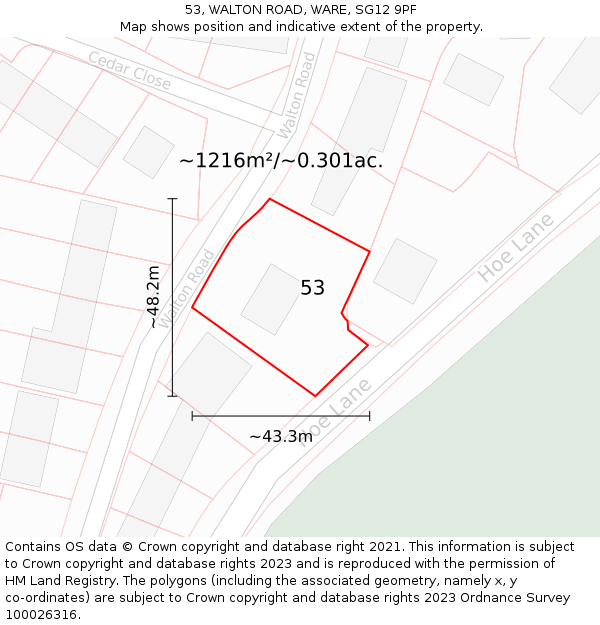 53, WALTON ROAD, WARE, SG12 9PF: Plot and title map