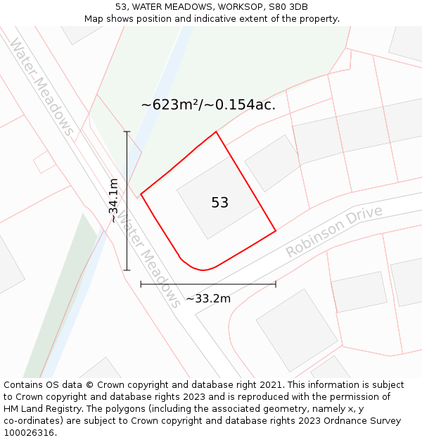 53, WATER MEADOWS, WORKSOP, S80 3DB: Plot and title map