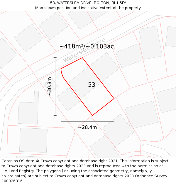 53, WATERSLEA DRIVE, BOLTON, BL1 5FA: Plot and title map