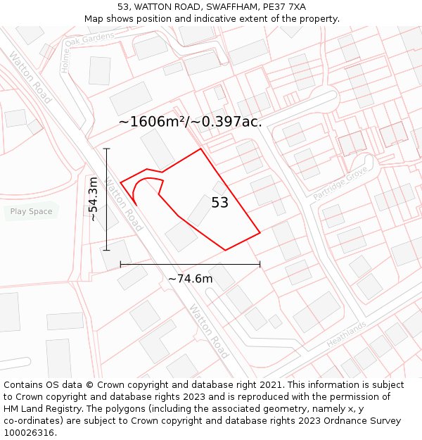 53, WATTON ROAD, SWAFFHAM, PE37 7XA: Plot and title map