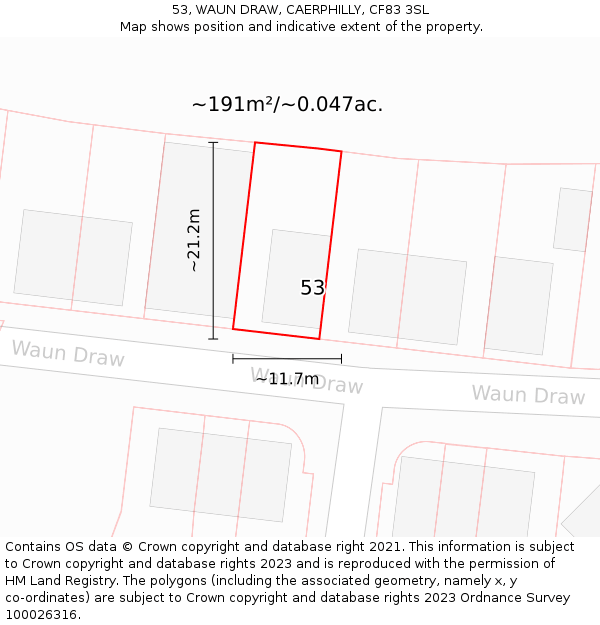 53, WAUN DRAW, CAERPHILLY, CF83 3SL: Plot and title map