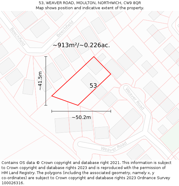 53, WEAVER ROAD, MOULTON, NORTHWICH, CW9 8QR: Plot and title map