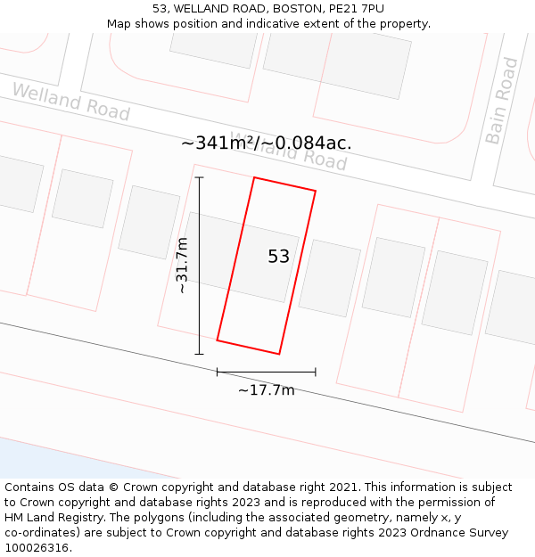 53, WELLAND ROAD, BOSTON, PE21 7PU: Plot and title map