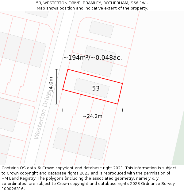 53, WESTERTON DRIVE, BRAMLEY, ROTHERHAM, S66 1WU: Plot and title map