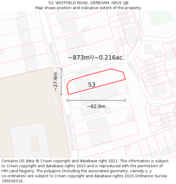 53, WESTFIELD ROAD, DEREHAM, NR19 1JB: Plot and title map