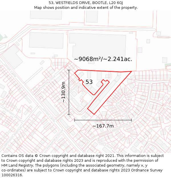 53, WESTFIELDS DRIVE, BOOTLE, L20 6GJ: Plot and title map