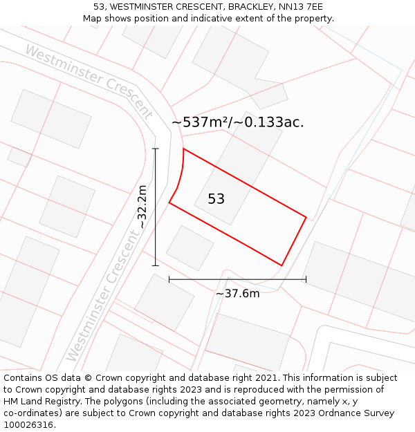 53, WESTMINSTER CRESCENT, BRACKLEY, NN13 7EE: Plot and title map
