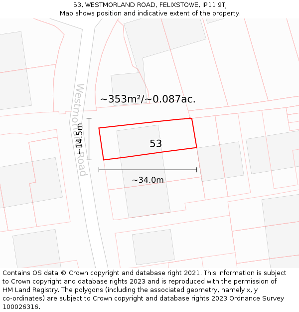 53, WESTMORLAND ROAD, FELIXSTOWE, IP11 9TJ: Plot and title map