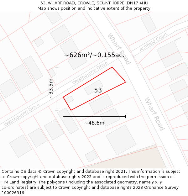 53, WHARF ROAD, CROWLE, SCUNTHORPE, DN17 4HU: Plot and title map