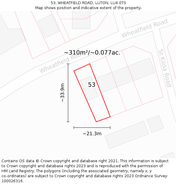 53, WHEATFIELD ROAD, LUTON, LU4 0TS: Plot and title map