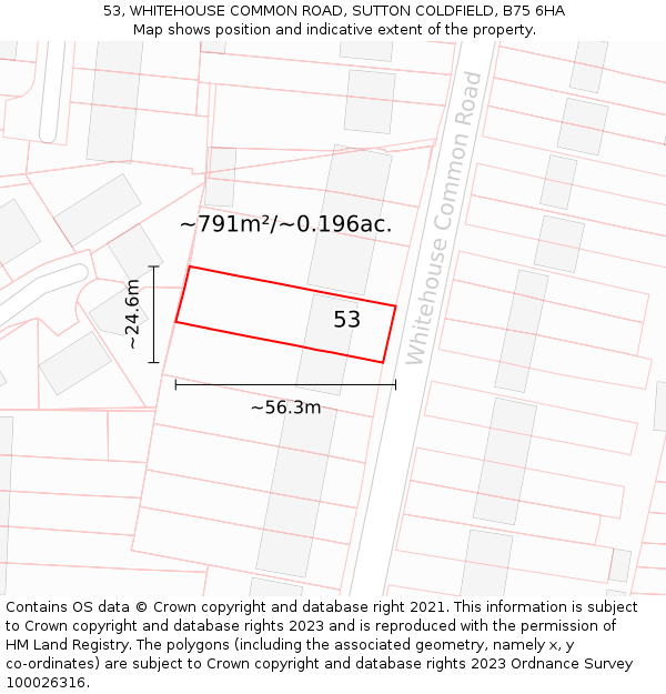 53, WHITEHOUSE COMMON ROAD, SUTTON COLDFIELD, B75 6HA: Plot and title map