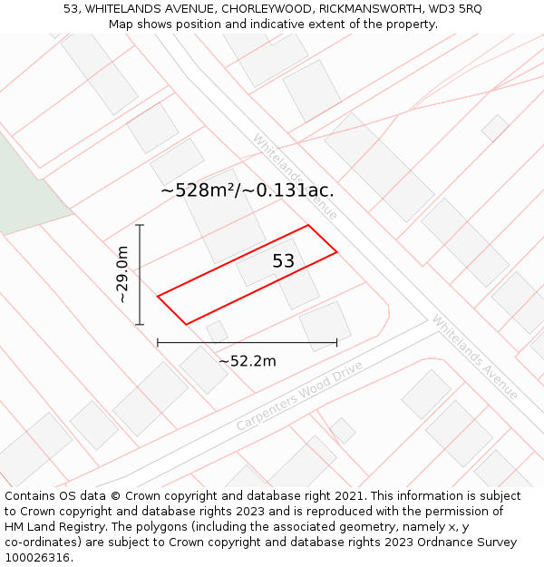 53, WHITELANDS AVENUE, CHORLEYWOOD, RICKMANSWORTH, WD3 5RQ: Plot and title map