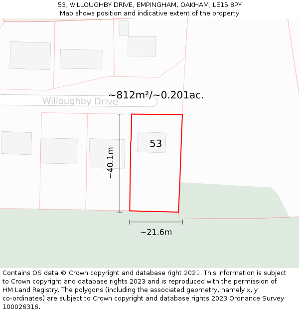 53, WILLOUGHBY DRIVE, EMPINGHAM, OAKHAM, LE15 8PY: Plot and title map