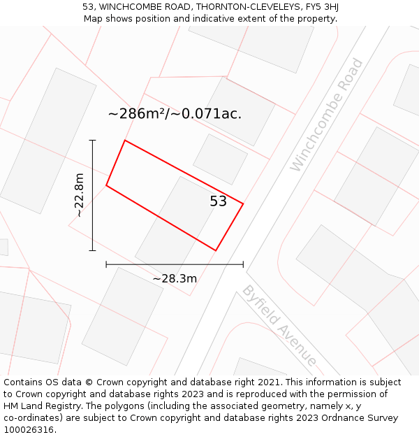 53, WINCHCOMBE ROAD, THORNTON-CLEVELEYS, FY5 3HJ: Plot and title map