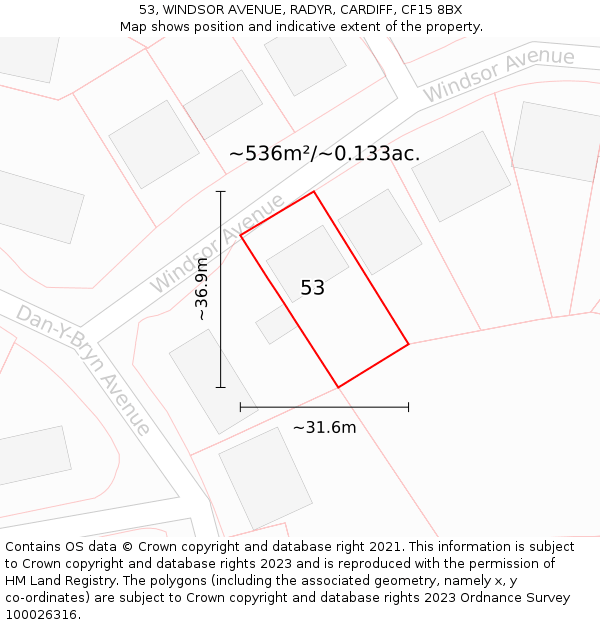 53, WINDSOR AVENUE, RADYR, CARDIFF, CF15 8BX: Plot and title map