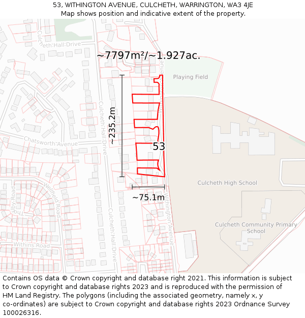 53, WITHINGTON AVENUE, CULCHETH, WARRINGTON, WA3 4JE: Plot and title map