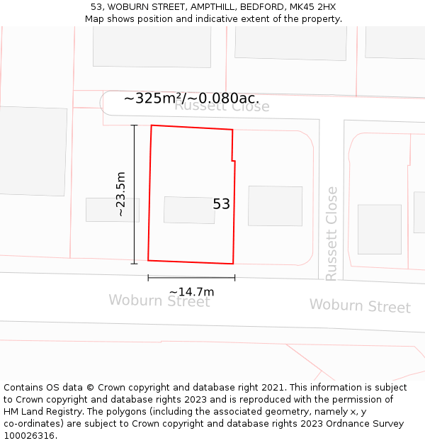 53, WOBURN STREET, AMPTHILL, BEDFORD, MK45 2HX: Plot and title map