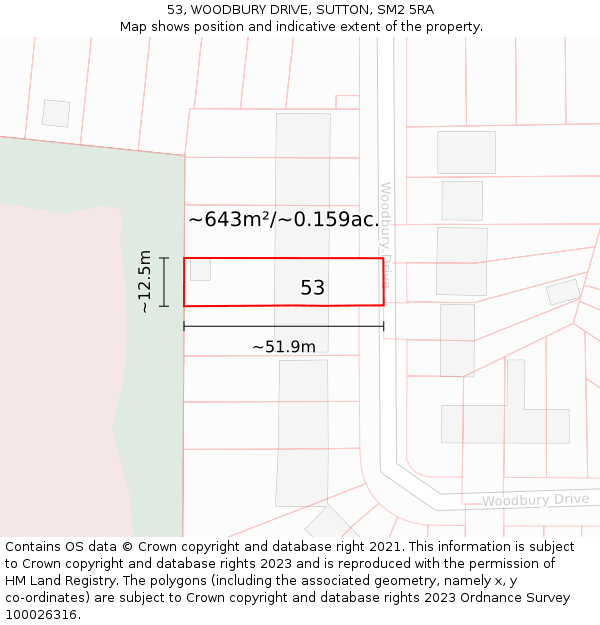 53, WOODBURY DRIVE, SUTTON, SM2 5RA: Plot and title map