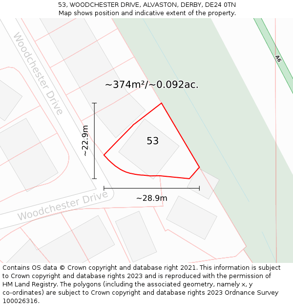 53, WOODCHESTER DRIVE, ALVASTON, DERBY, DE24 0TN: Plot and title map