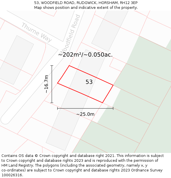 53, WOODFIELD ROAD, RUDGWICK, HORSHAM, RH12 3EP: Plot and title map