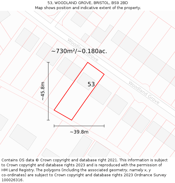 53, WOODLAND GROVE, BRISTOL, BS9 2BD: Plot and title map