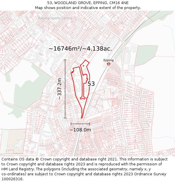 53, WOODLAND GROVE, EPPING, CM16 4NE: Plot and title map