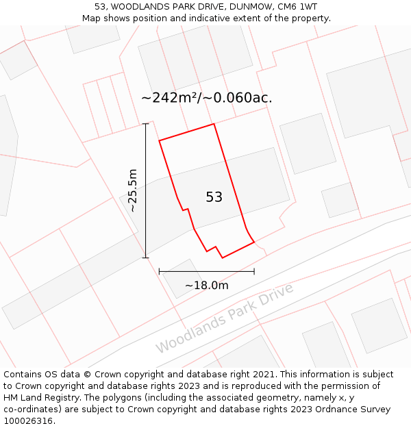 53, WOODLANDS PARK DRIVE, DUNMOW, CM6 1WT: Plot and title map