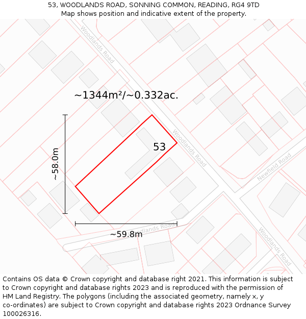 53, WOODLANDS ROAD, SONNING COMMON, READING, RG4 9TD: Plot and title map