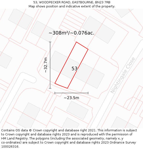 53, WOODPECKER ROAD, EASTBOURNE, BN23 7RB: Plot and title map