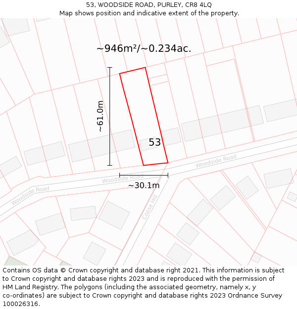 53, WOODSIDE ROAD, PURLEY, CR8 4LQ: Plot and title map