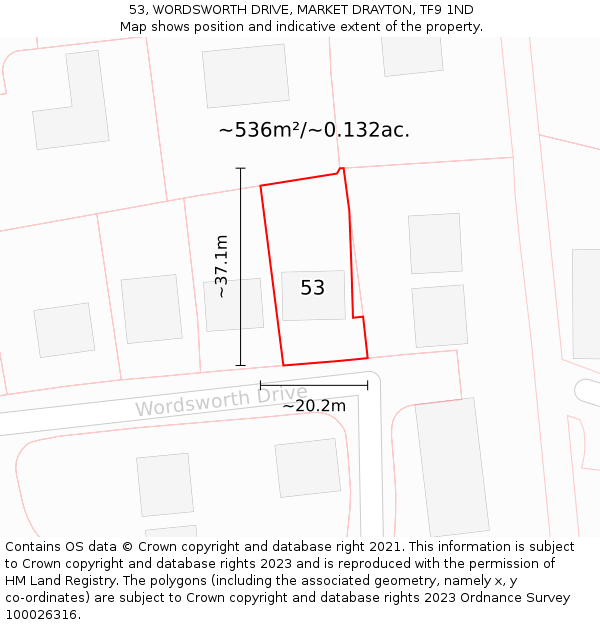 53, WORDSWORTH DRIVE, MARKET DRAYTON, TF9 1ND: Plot and title map