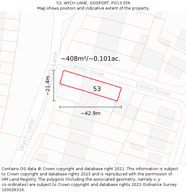 53, WYCH LANE, GOSPORT, PO13 0TA: Plot and title map