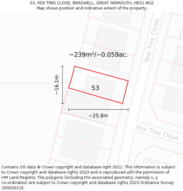 53, YEW TREE CLOSE, BRADWELL, GREAT YARMOUTH, NR31 8NZ: Plot and title map