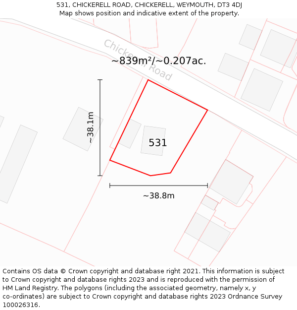 531, CHICKERELL ROAD, CHICKERELL, WEYMOUTH, DT3 4DJ: Plot and title map