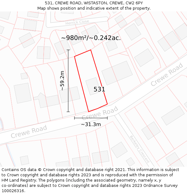 531, CREWE ROAD, WISTASTON, CREWE, CW2 6PY: Plot and title map