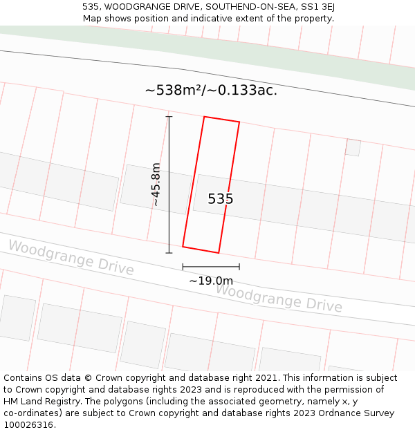 535, WOODGRANGE DRIVE, SOUTHEND-ON-SEA, SS1 3EJ: Plot and title map