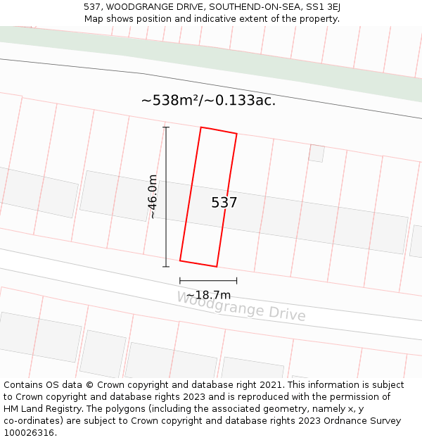 537, WOODGRANGE DRIVE, SOUTHEND-ON-SEA, SS1 3EJ: Plot and title map